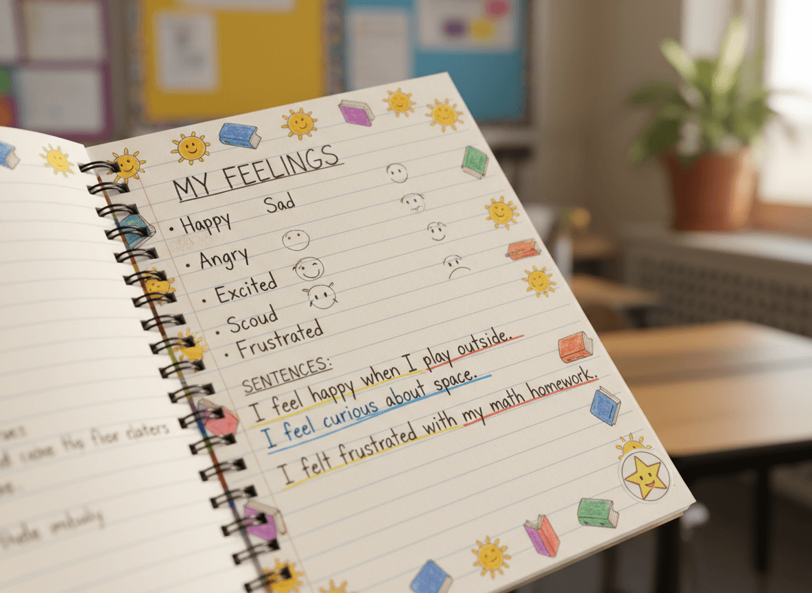 A close-up of a fourth grader's journal page with handwritten feelings vocabulary and short sentences