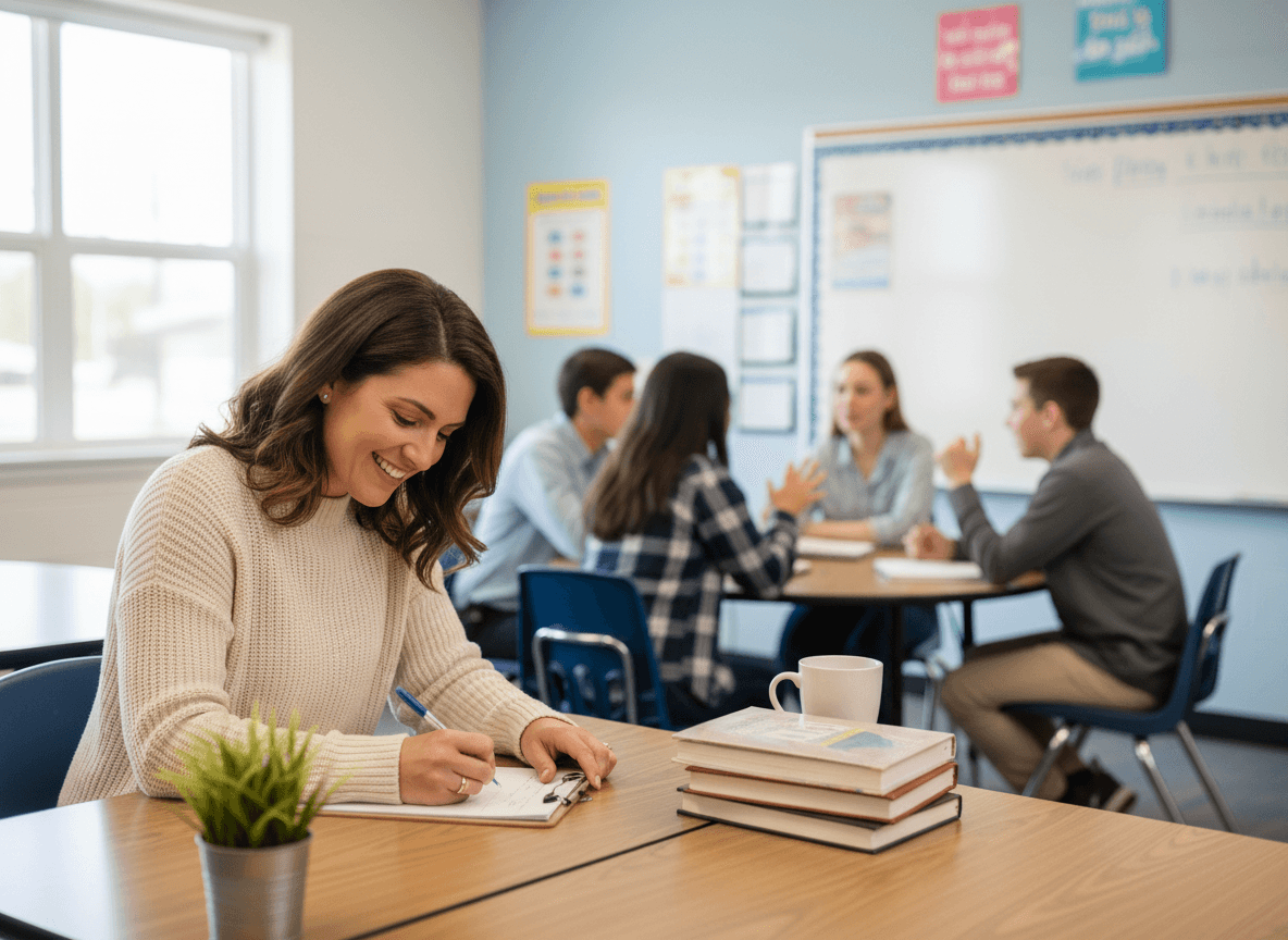 A high school advisory teacher writing notes on a clipboard while students discuss in pairs in the background