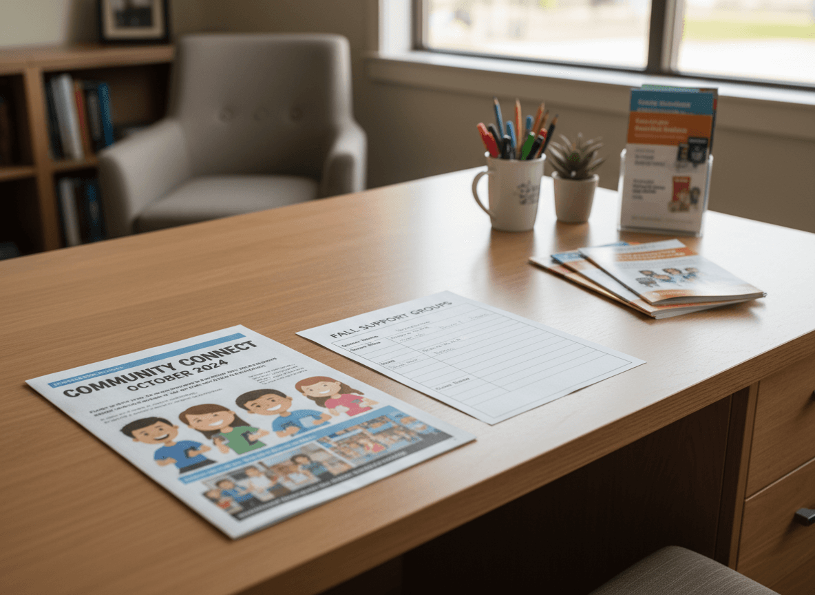 A counselor's desk with a printed monthly newsletter and a small group sign-up sheet