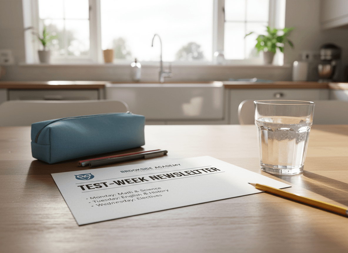 A printed test-week newsletter on a kitchen table with a pencil case and a glass of water