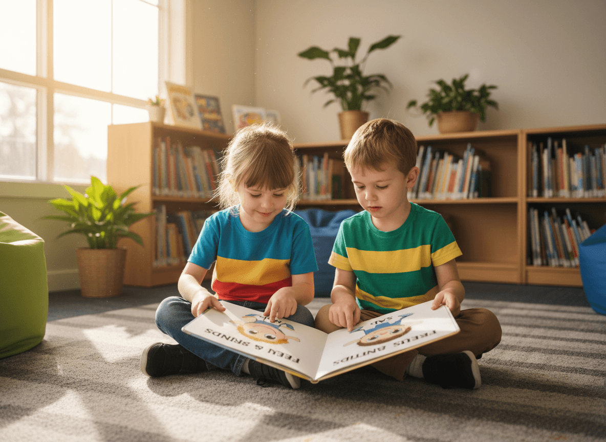 Two children sitting side by side looking at a book with illustrations of children showing different emotions