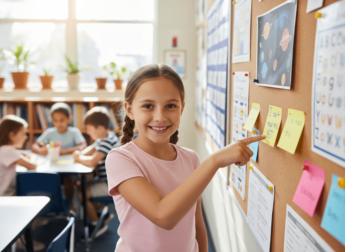 A third grader pointing at a sticky note that says 'I can't read this YET' on a bulletin board