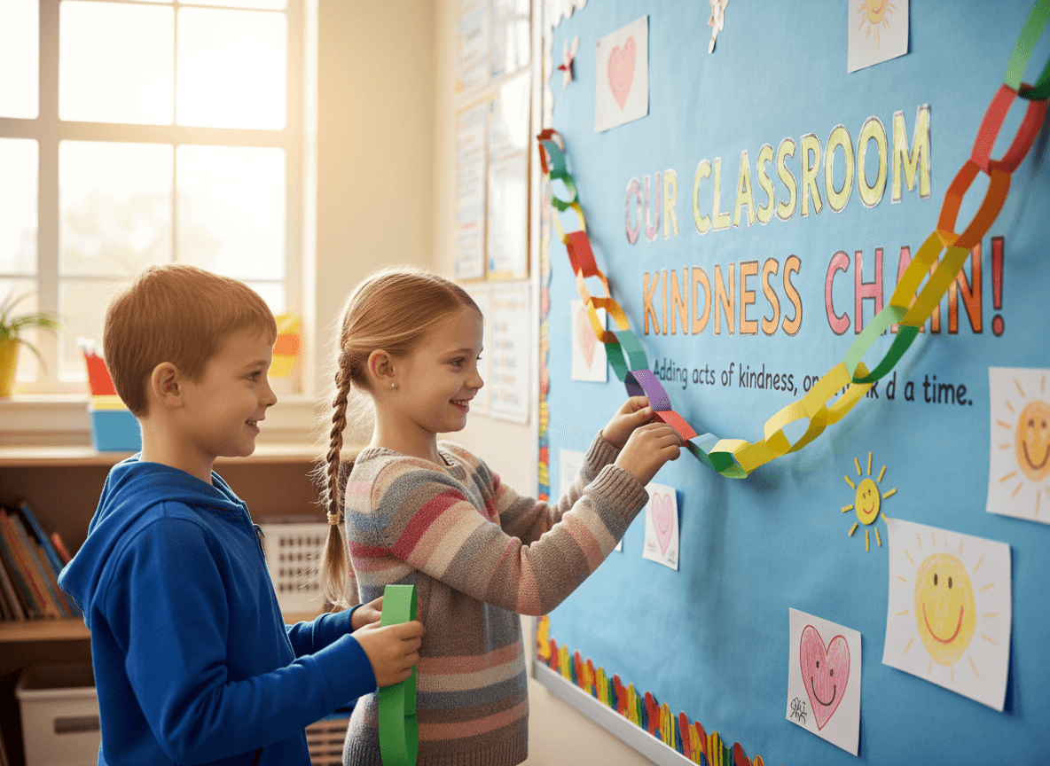 Two second graders adding new paper links to a growing kindness chain on a classroom bulletin board