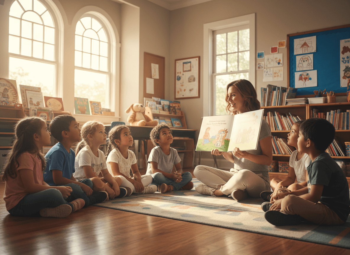 A teacher reading aloud from a picture book with students sitting in a half circle on the rug