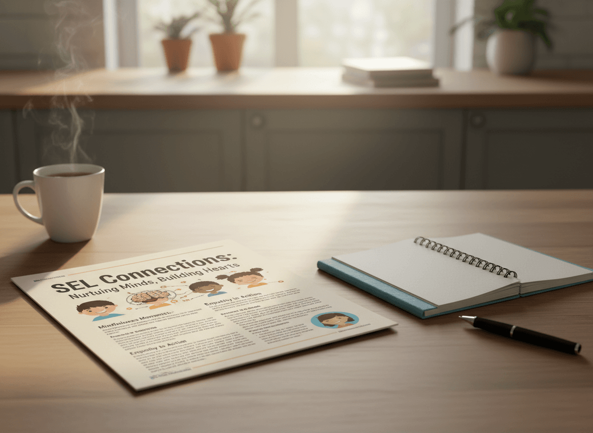 An open SEL newsletter on a kitchen table next to a notebook and pen