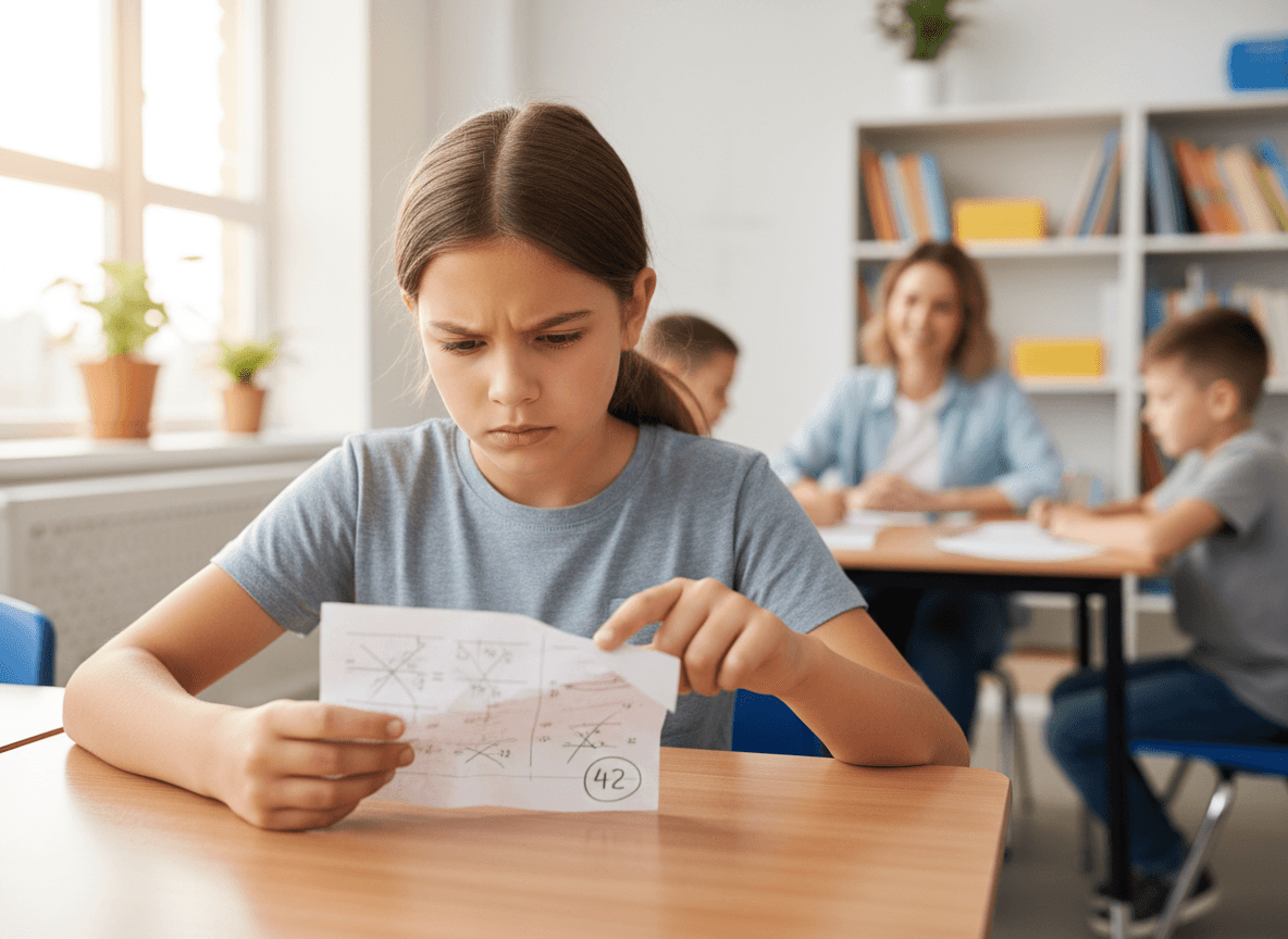 A fifth grader looking carefully at a paper with crossed-out steps and one solution circled