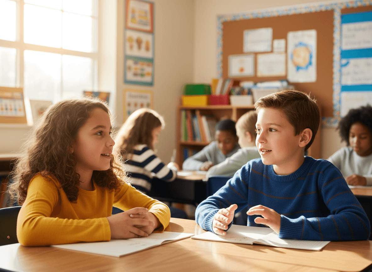 A third grade student listening with full attention to a peer across a desk