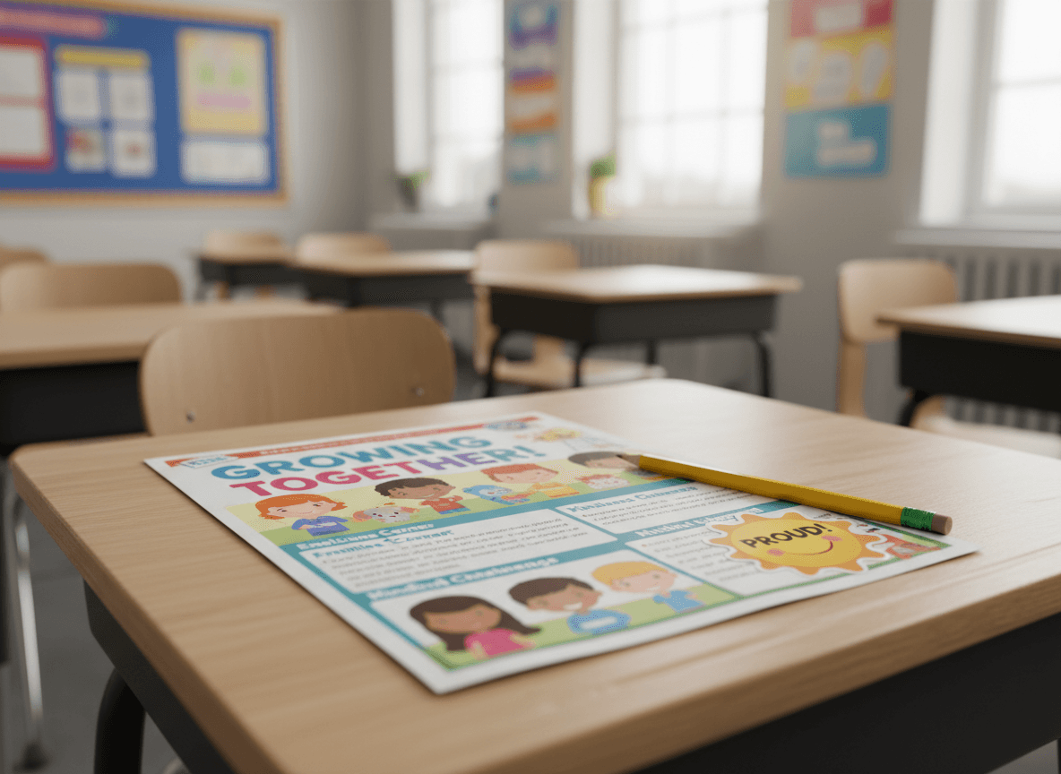 A printed kid-friendly SEL newsletter on a student desk with a pencil and a sticker