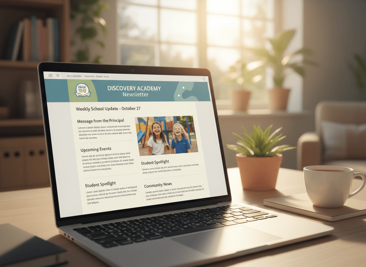 A laptop screen showing a short weekly newsletter draft in a clean email template