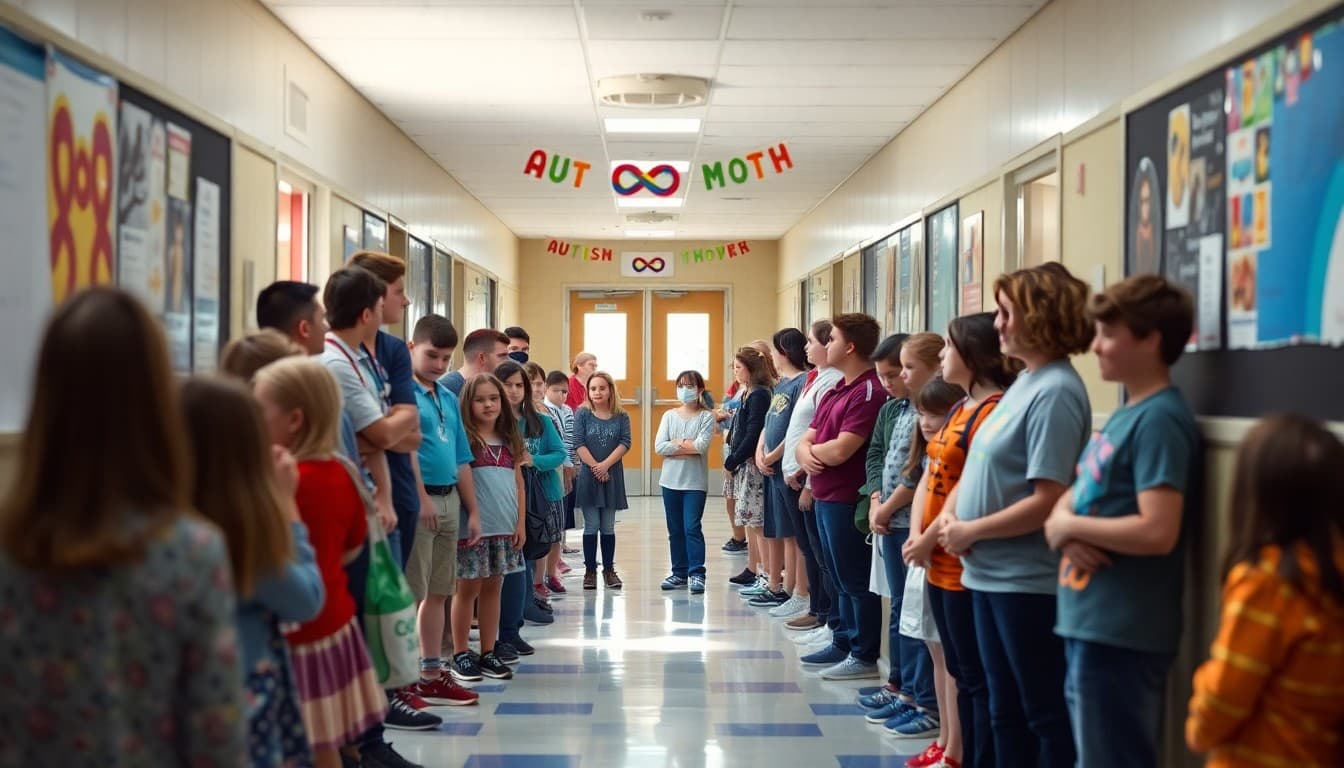 Students and teachers gathered in a school hallway decorated for Autism Acceptance Month with rainbow infinity symbols