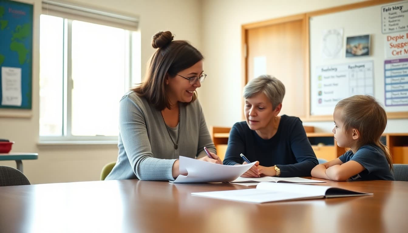 Special education teacher reviewing IEP goals and progress with parent at conference table