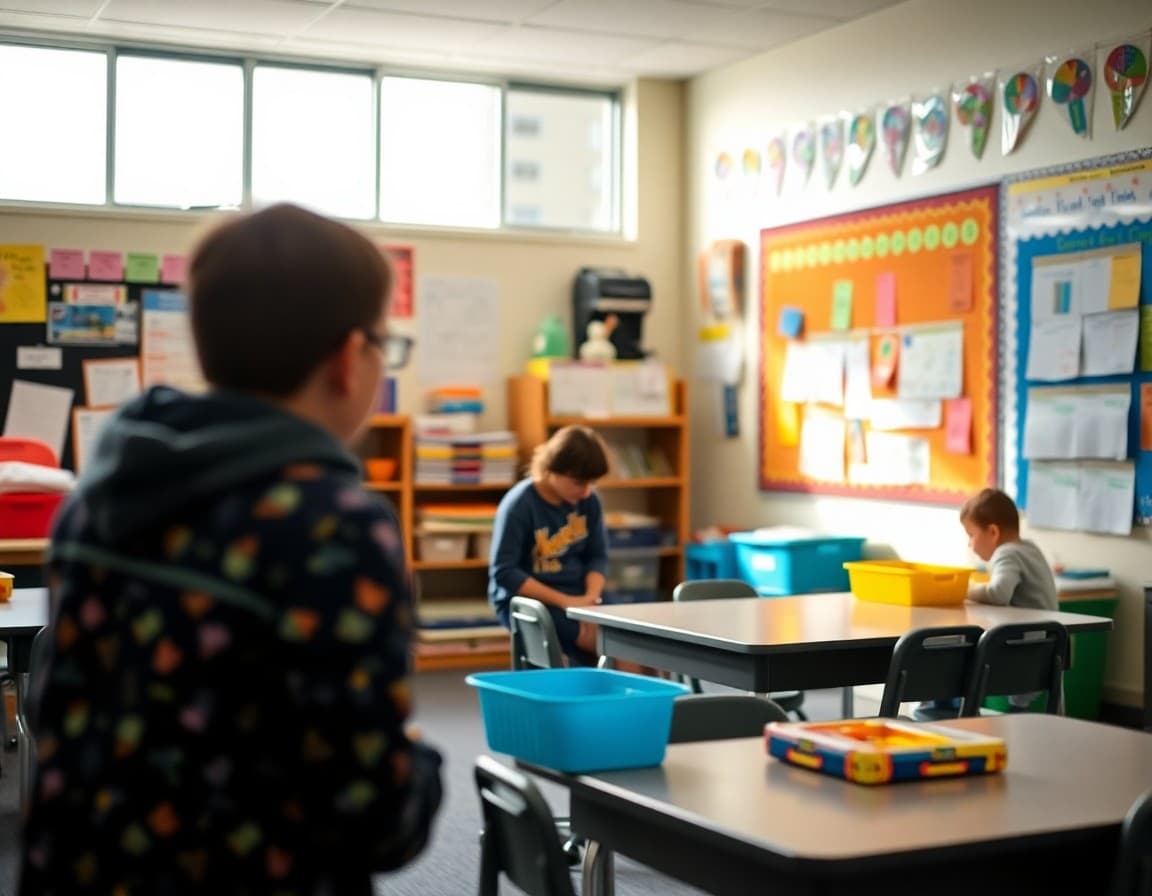 New Jersey special education resource room with adaptive materials and student work displayed