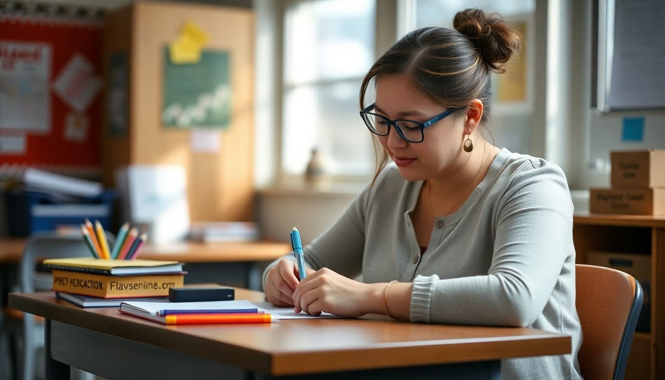 Special education teacher in New Jersey writing an IEP family newsletter at her desk