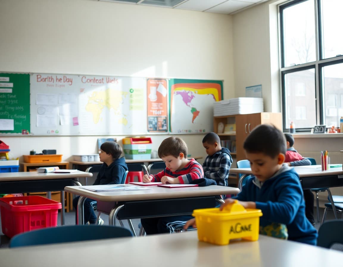 New York special education classroom with adaptive learning materials and diverse students working