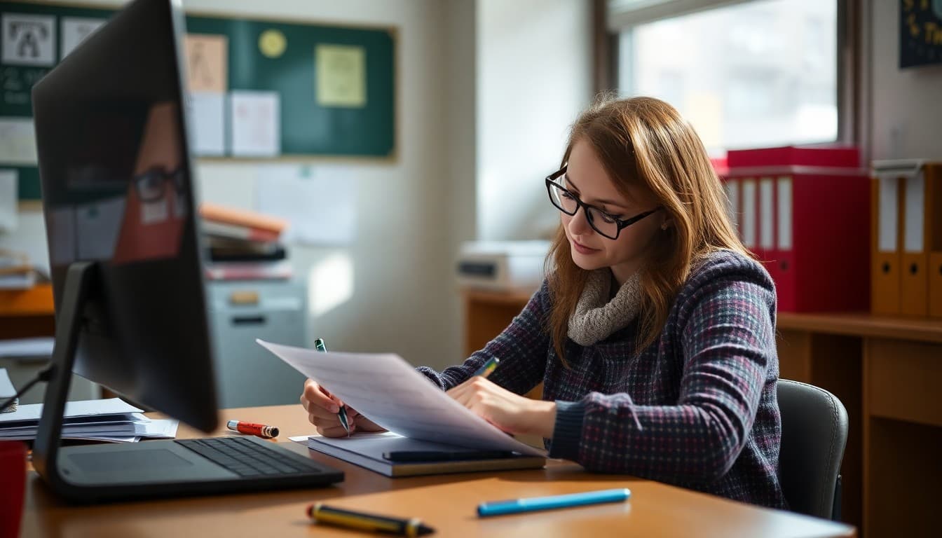 Special education teacher in New York City writing an IEP newsletter for families at her desk