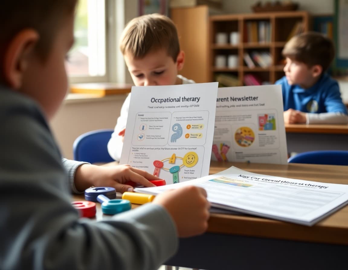 Occupational therapy tools and activity guide next to parent newsletter about school OT services