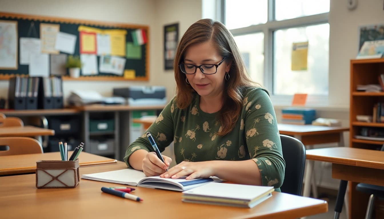 Special education teacher in Ohio writing a family newsletter at her classroom desk