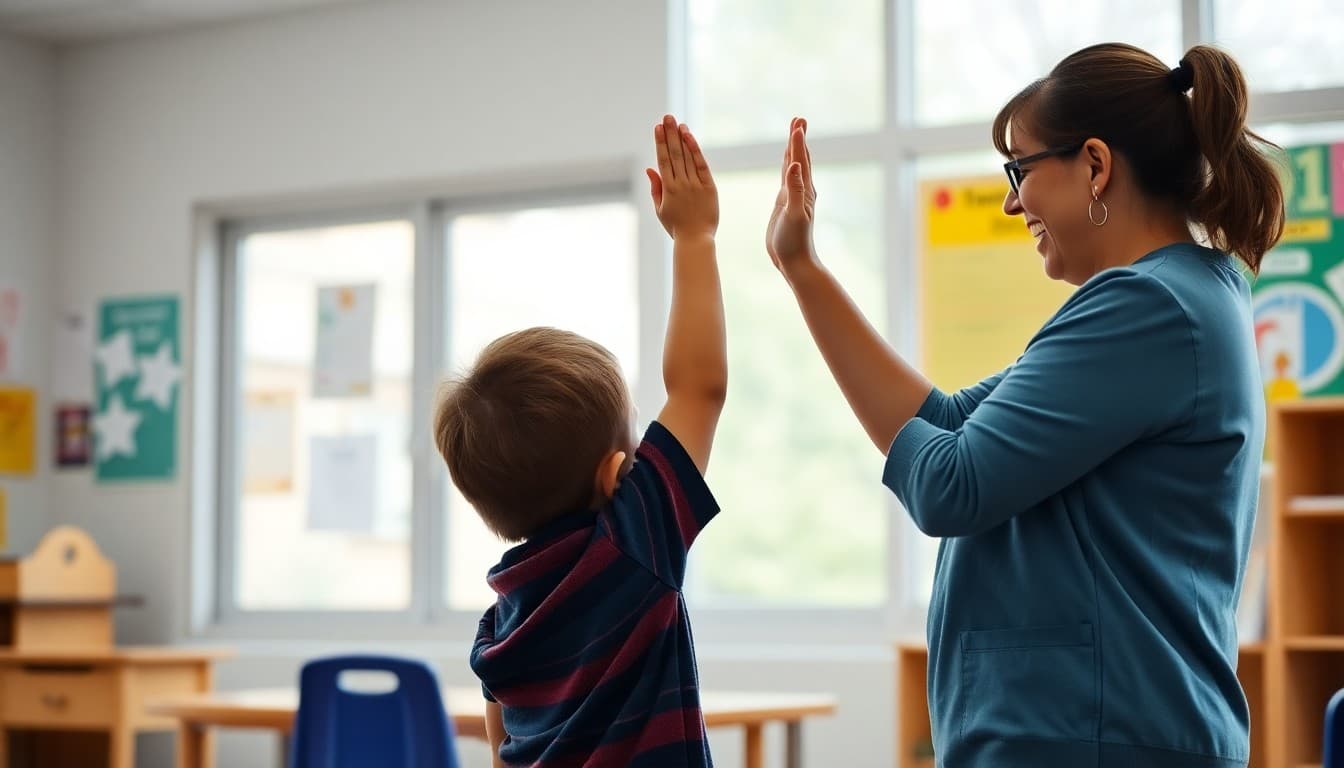 School occupational therapist high-fiving a student at the end of a therapy session near the end of the school year