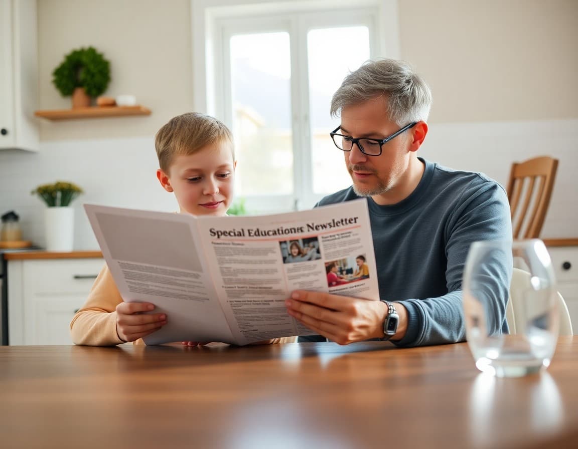 Parent reading a printed special education newsletter with their student at the kitchen table