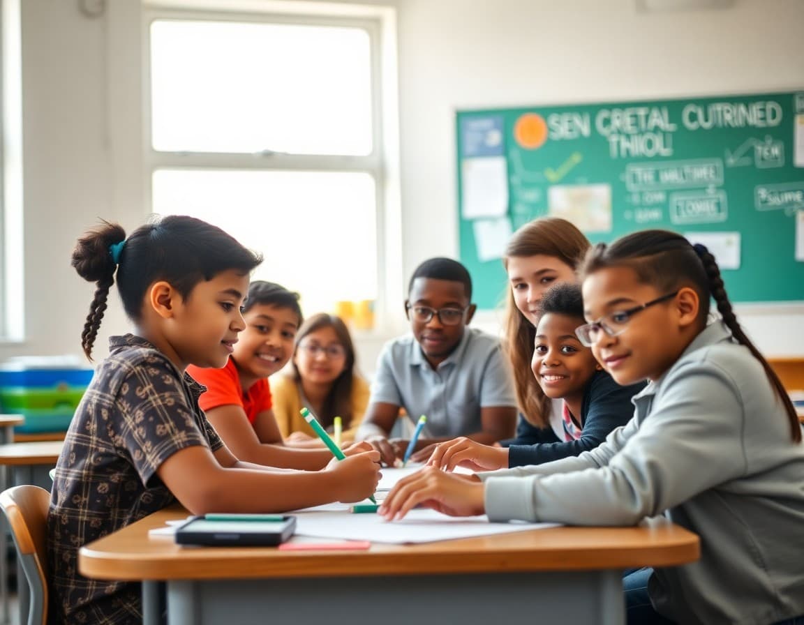Diverse group of students in an inclusive classroom working on a collaborative project