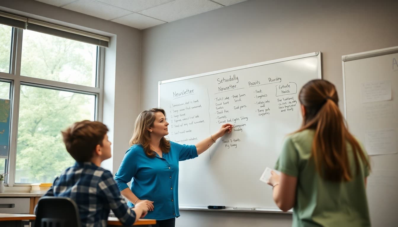 Special education teacher brainstorming newsletter ideas on a whiteboard in a resource room