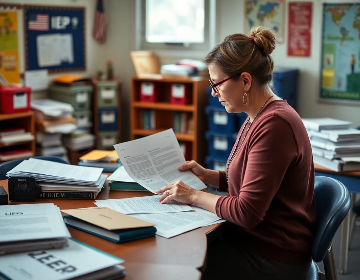 Special education teacher preparing a newsletter at a desk surrounded by student materials and IEP folders