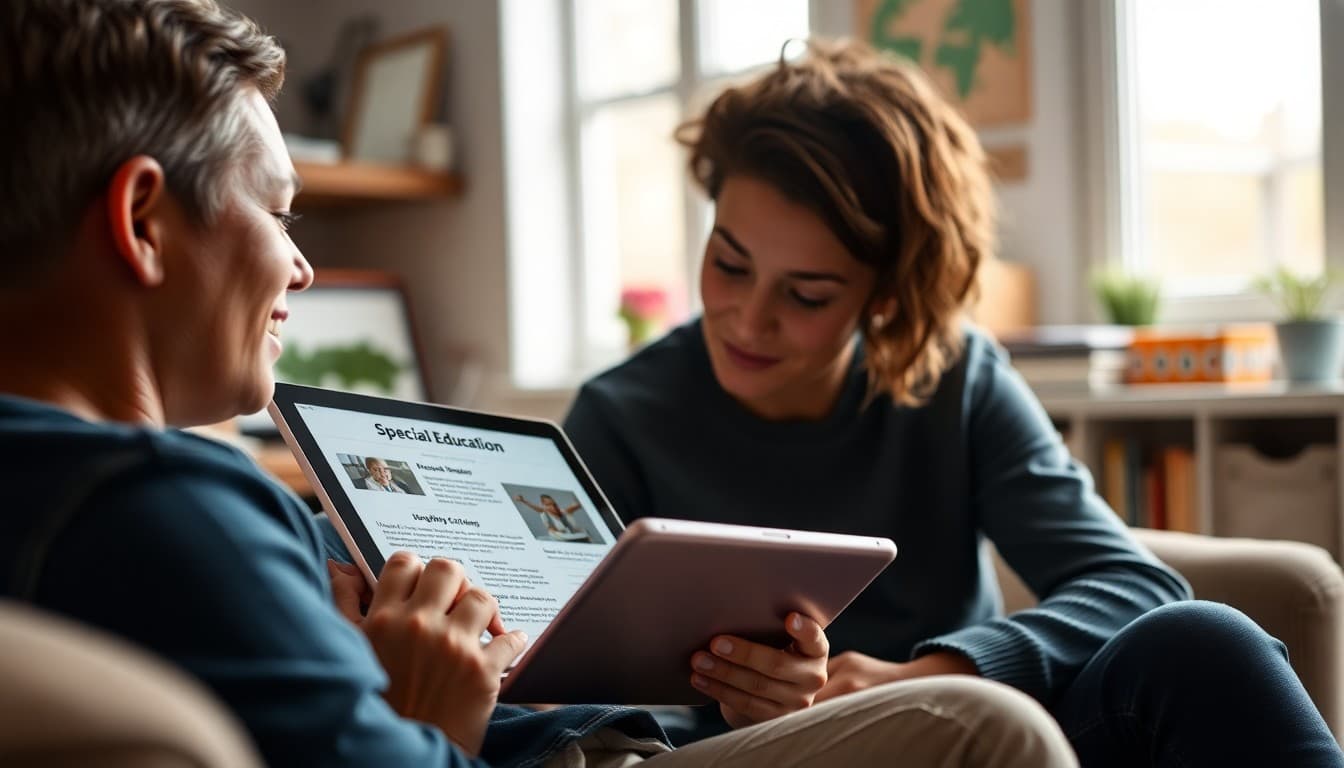 Parent reading a special education newsletter on a tablet while sitting with their child at home