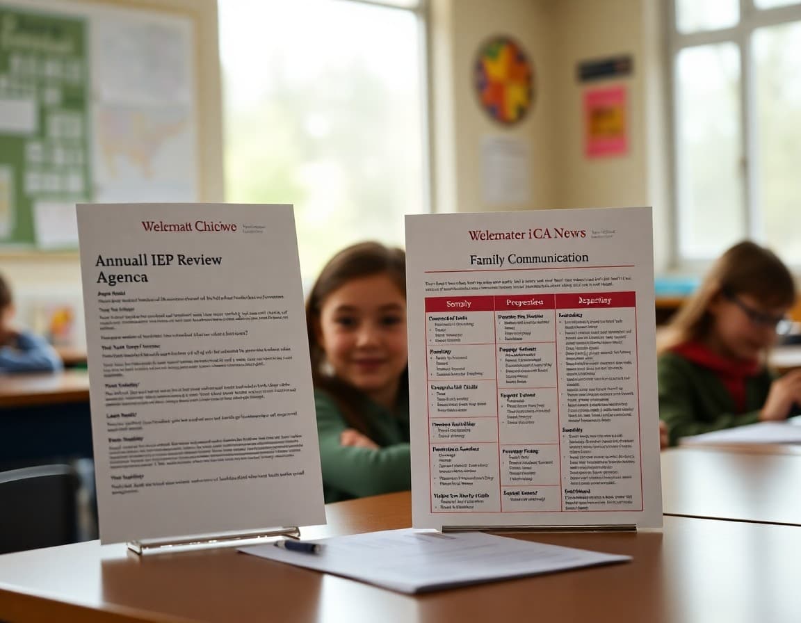 Annual IEP review agenda and progress summary displayed next to family communication newsletter