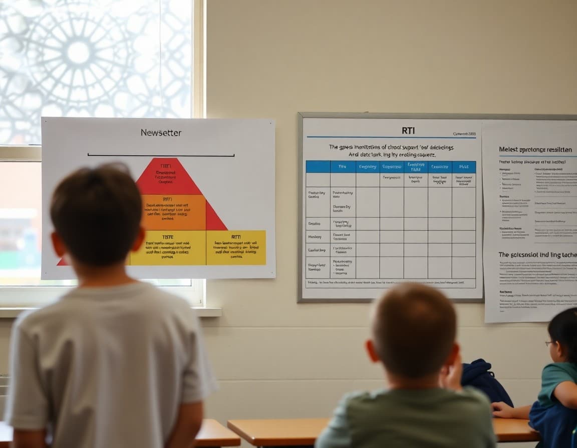 RTI tier diagram and progress monitoring charts displayed next to school newsletter about tiered support