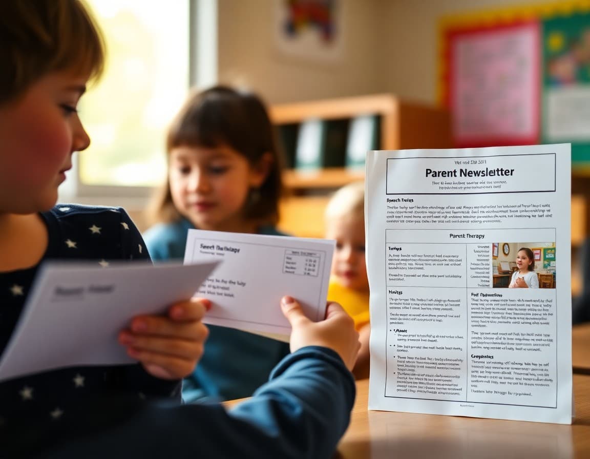Speech therapy activity cards and progress notes next to parent newsletter about language development