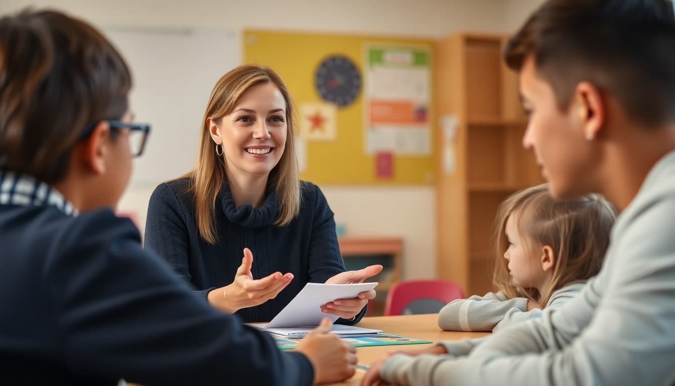 Speech language pathologist explaining therapy goals and progress to parent during school meeting