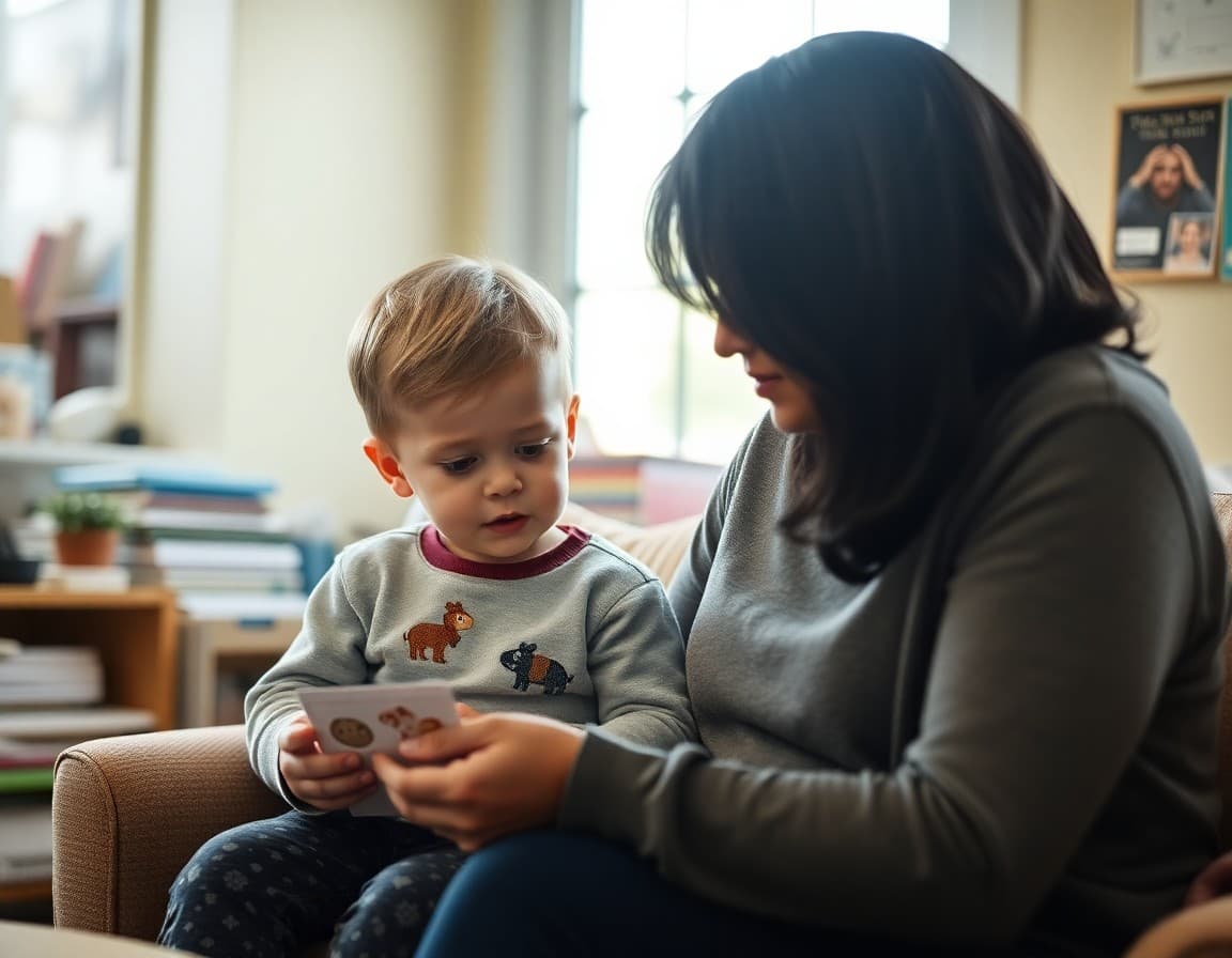 Parent and child practicing speech sounds together at home with picture cards