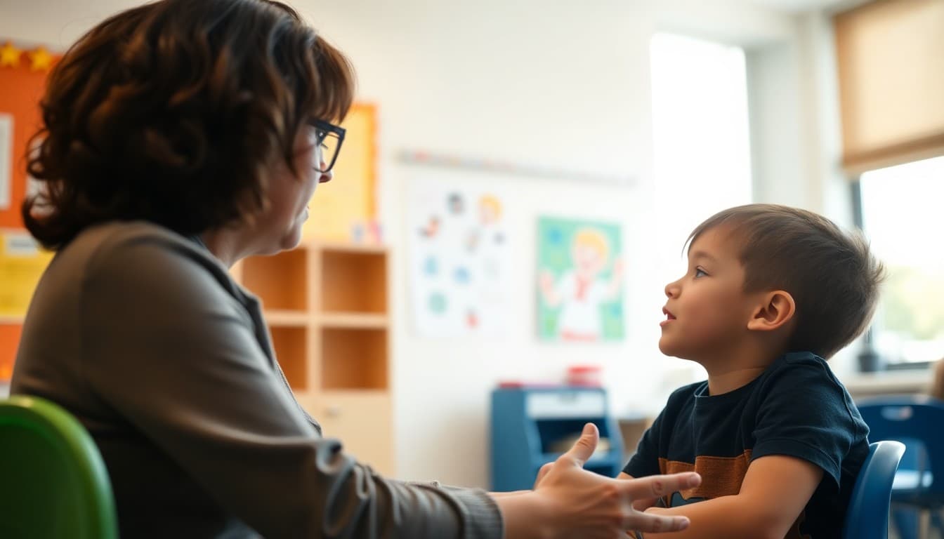 Speech-language pathologist working with a student on articulation exercises in a school therapy room