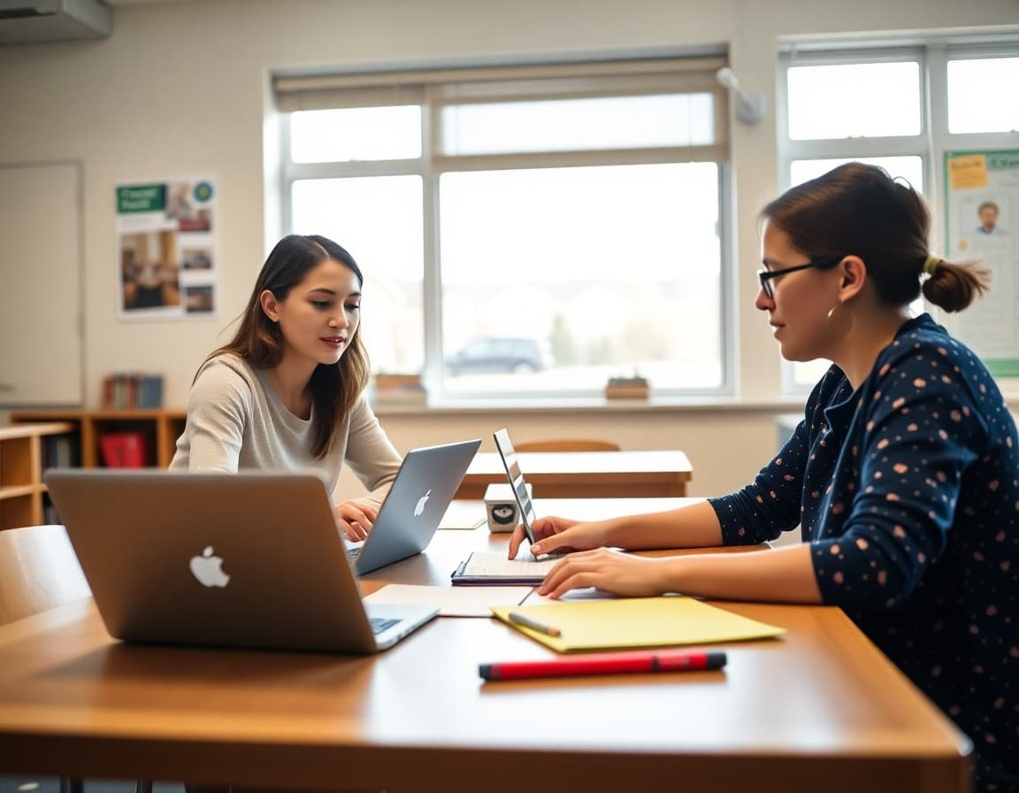 General education and special education teacher planning a co-taught lesson together at a table with laptops and notes