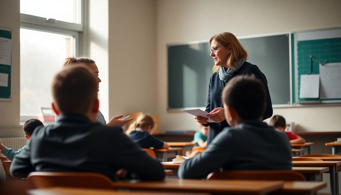 Two teachers co-teaching a lesson at the front of a classroom with students engaged at their desks