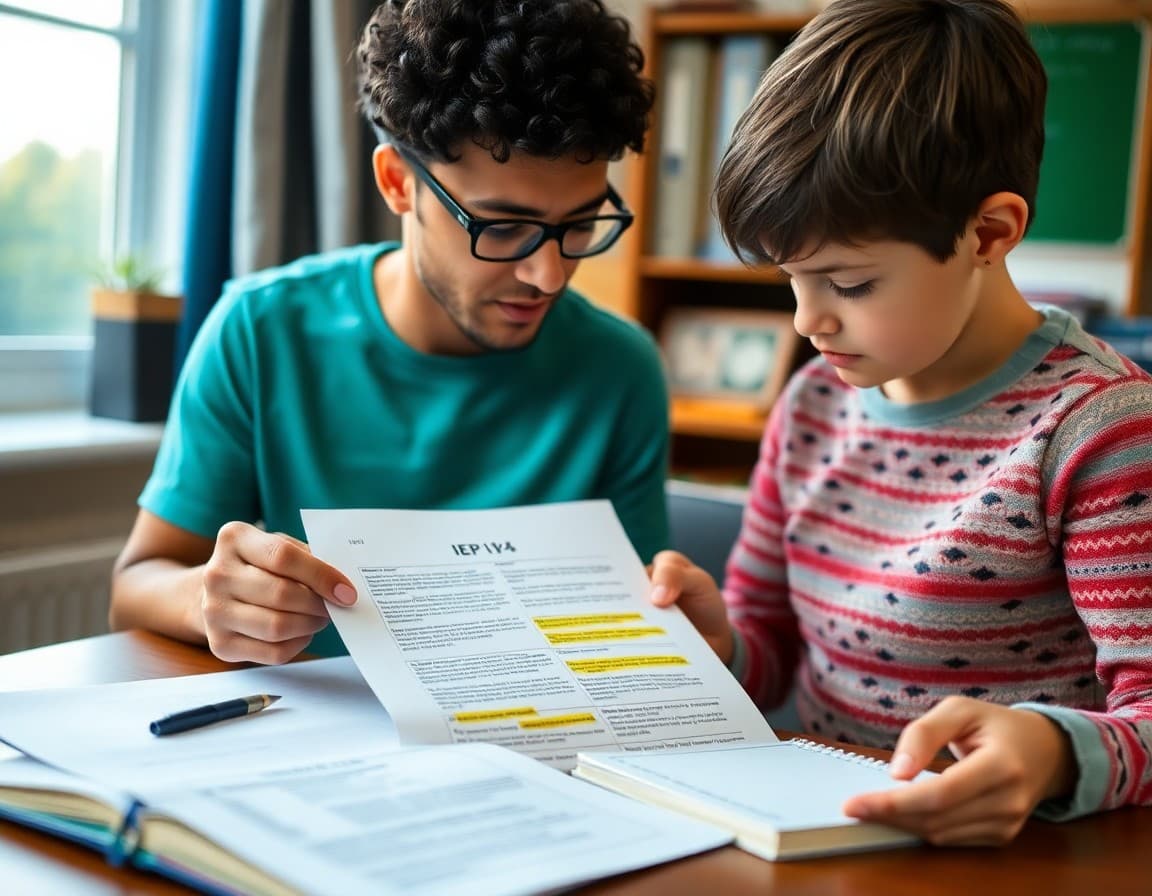 Parent reviewing an IEP document at home with highlighted sections and a notepad for questions