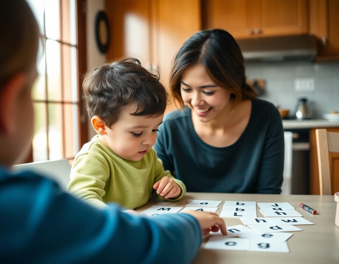 Parent and child practicing speech sounds together at home with flashcards on a kitchen table