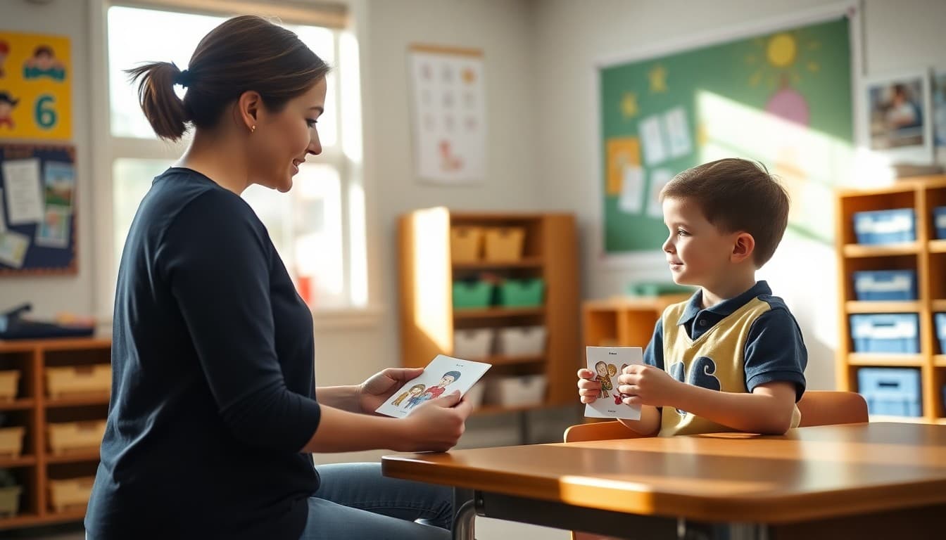 Speech-language pathologist working with an elementary student using picture cards in a school therapy room