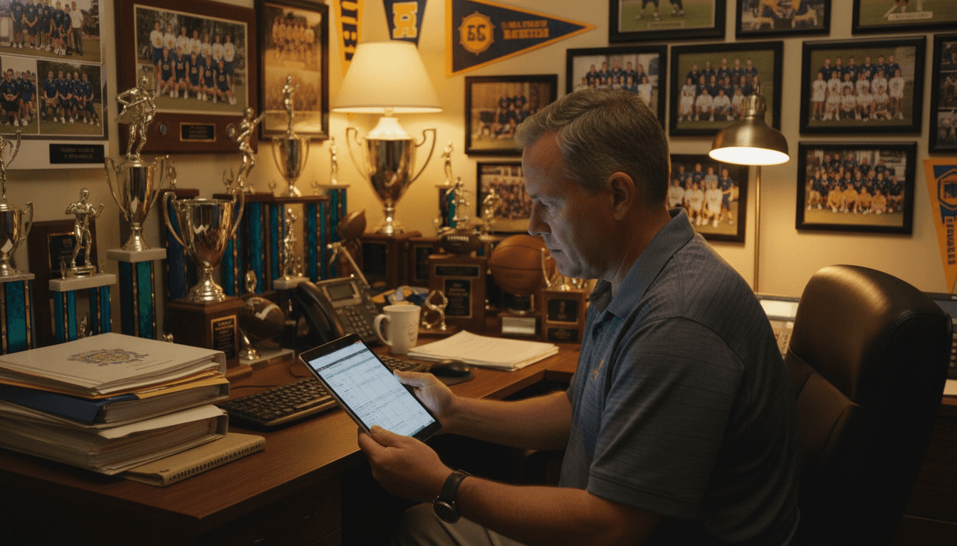 A high school athletic director at a desk reviewing season schedules across multiple sports on two monitors