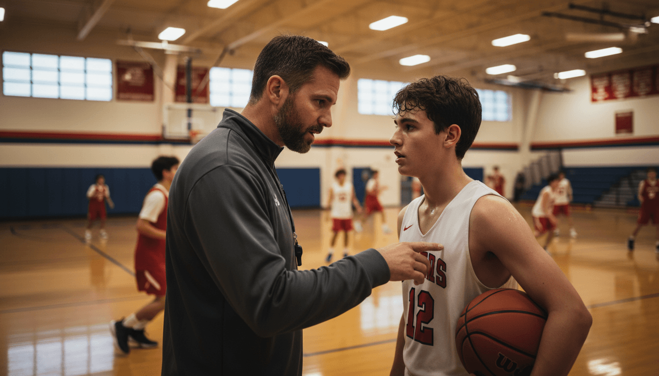 A basketball coach drawing a play on a clipboard during a timeout while players listen on the bench