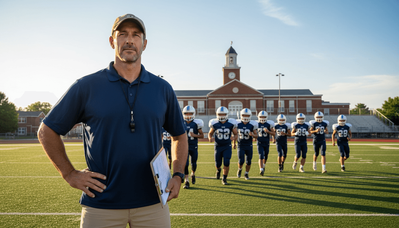 A high school football coach holding a clipboard on the sideline talking to assistant coaches before practice