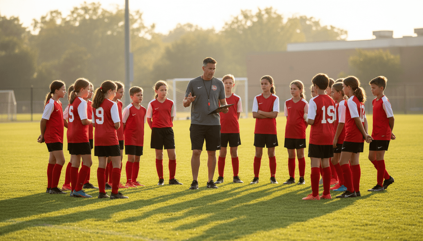 A youth soccer coach giving instructions to players gathered around a tactics board on the sideline