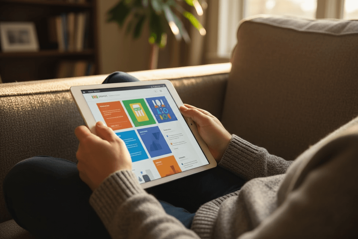 Parent reading Alabama ACAP results newsletter on a tablet at home