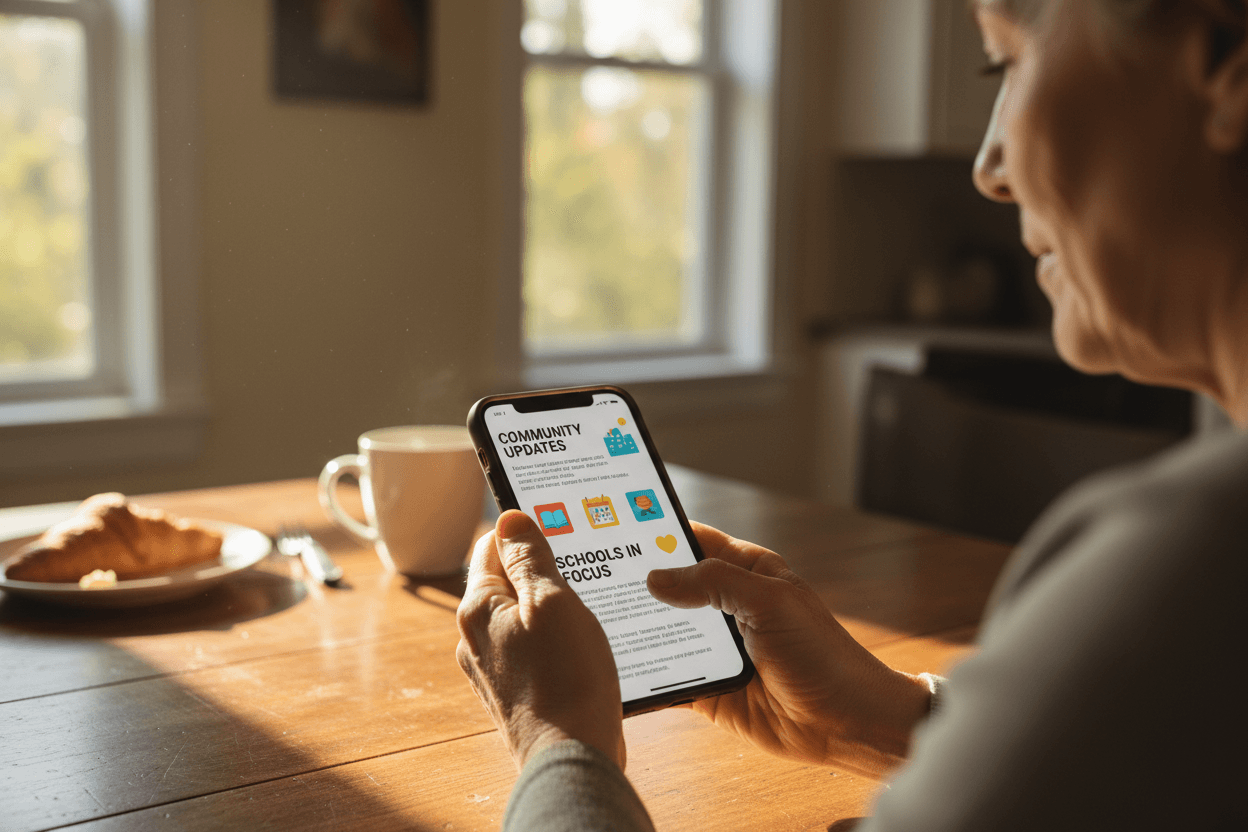 Parent reading a Alabama school district report card newsletter on a smartphone at a kitchen table