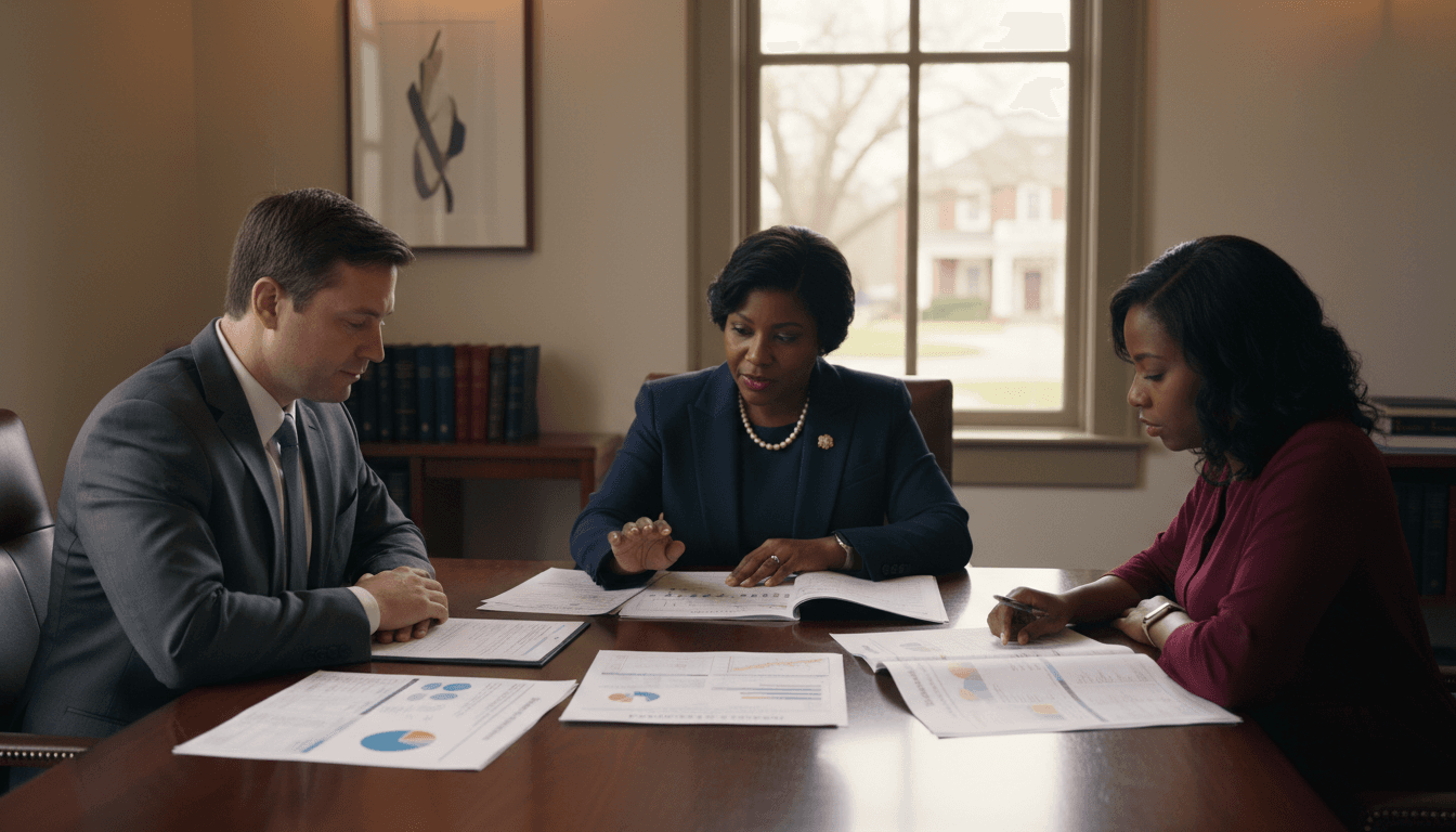 Alabama district administrator at a conference table reviewing the Alabama State Report Card with school leaders in a modern office