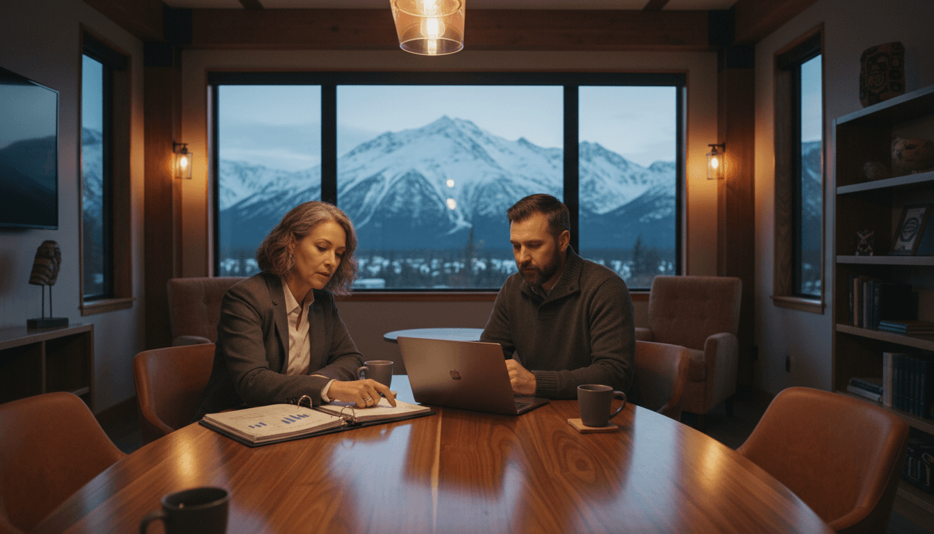 Alaska district CFO and superintendent reviewing budget documents in a conference room