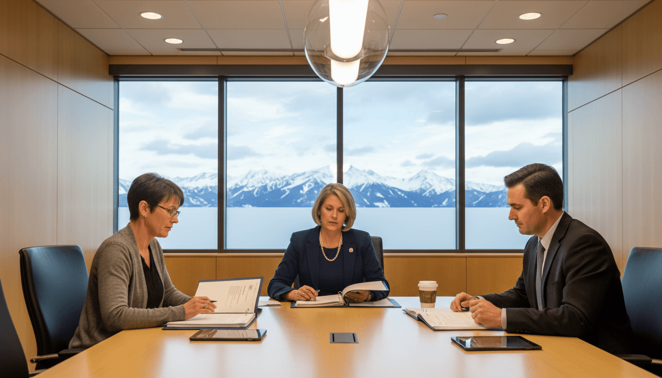 Alaska district administrator reviewing the Alaska School Performance Report with school leaders at a conference table in a modern office