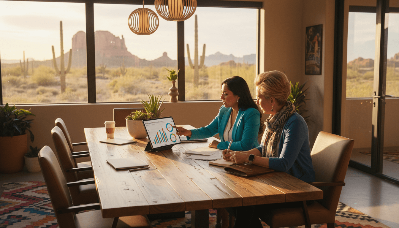 Arizona district leaders reviewing AzM2 results around a table in a modern district office