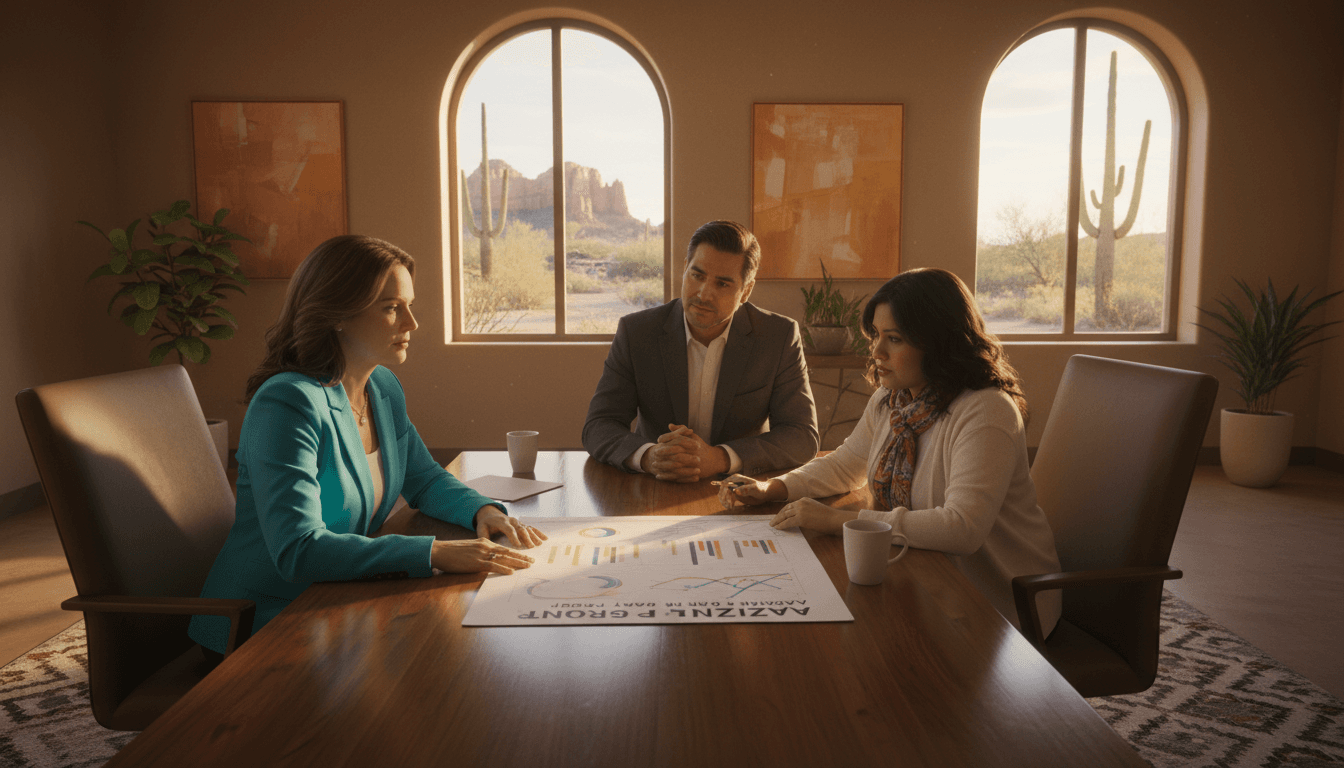 Arizona district administrator at a conference table reviewing the A-F Letter Grades with school leaders in a modern office