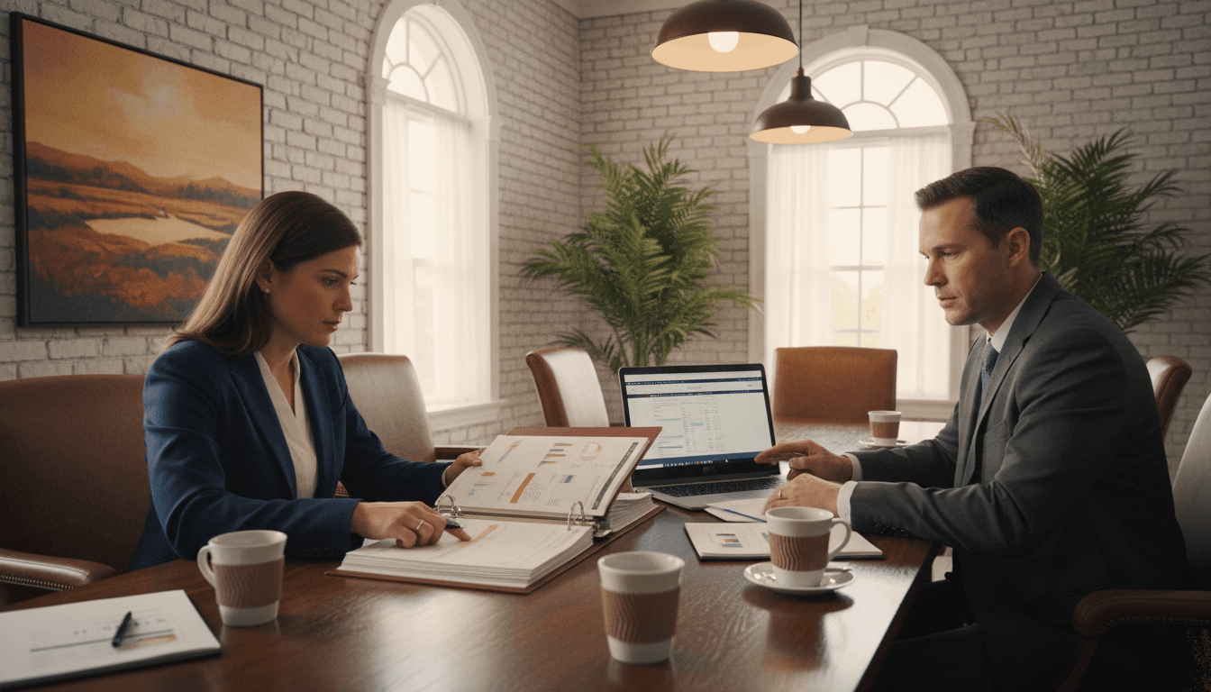 Arkansas district CFO and superintendent reviewing budget documents in a conference room